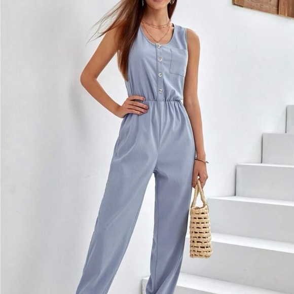 Frenchy Solid Button Front Tank Jumpsuit - Picture 3 of 5